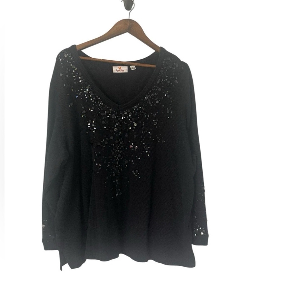 quacker factory 3X black Thermal embellished top Sequins V-neck Long Sleeve